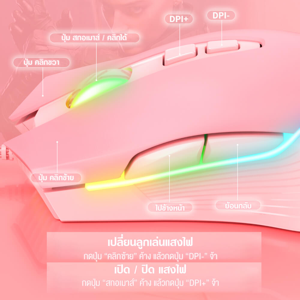 เมาส์เกมมิ่ง ONIKUMA SAKURA GAMING MOUSE - สีชมพู_5